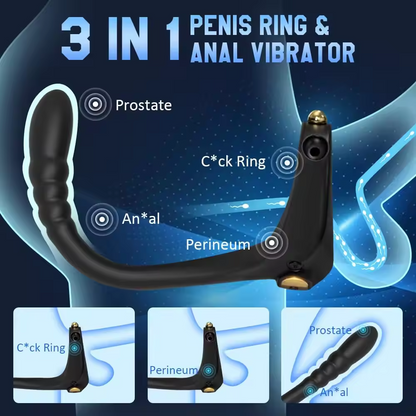 3 IN 1 Adjustable Penis Ring Anal Vibrator Prostate Massager with 10 Vibration Modes