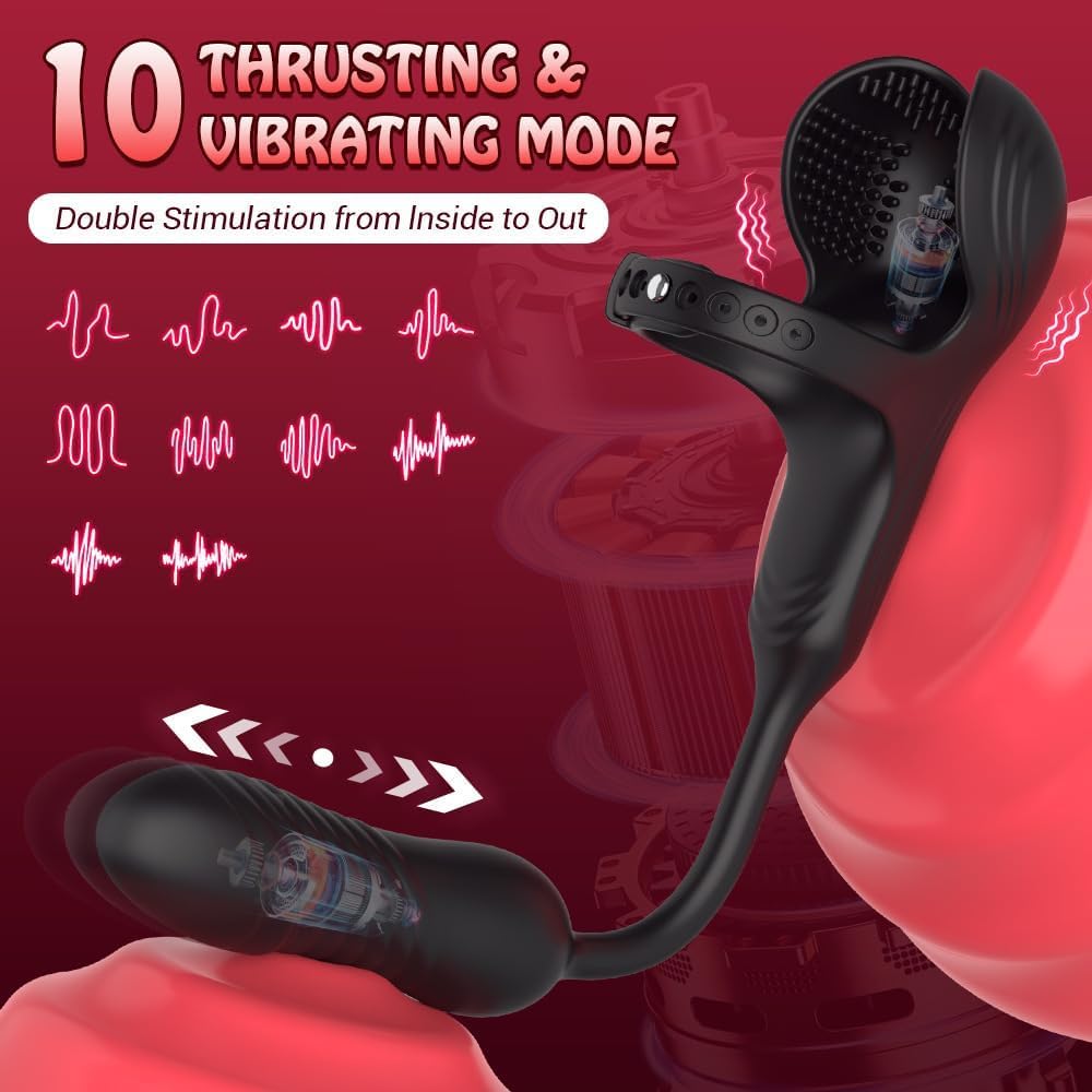 3 IN 1 Prostate Stimulation Cockring Testicle Vibrator Anal Toy with 10 Thrusts & Vibrations