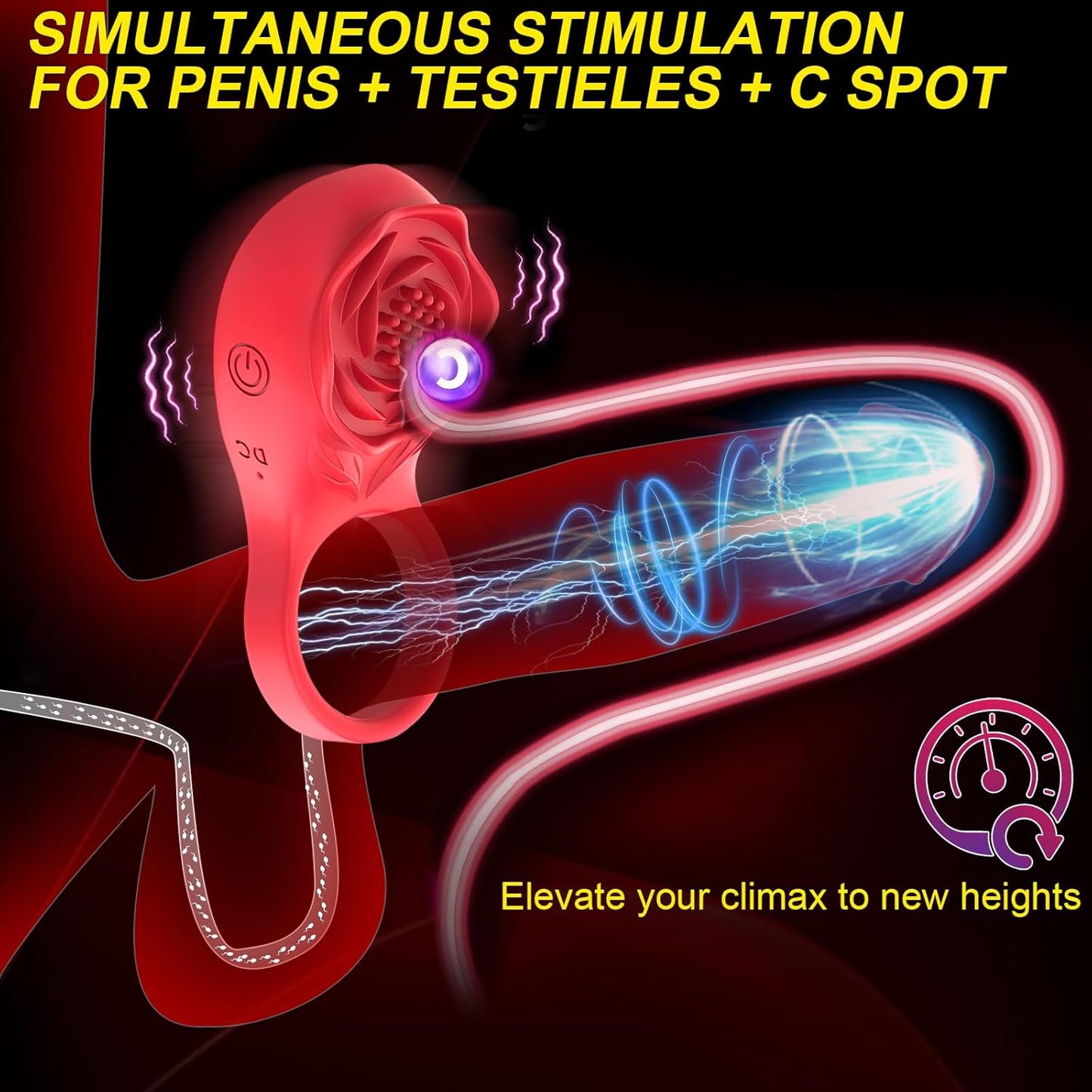 Rose Vibrator Clitoris Stimulator Penis Ring Testicle Massager with 9 Vibration Modes