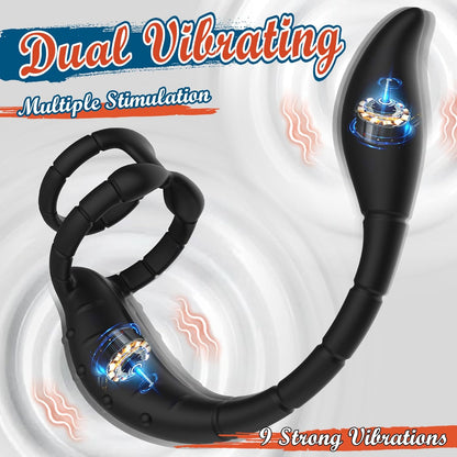 Dual Penis Ring Prostate Massager Anal Vibrator Butt Plug with 9 Vibration Modes