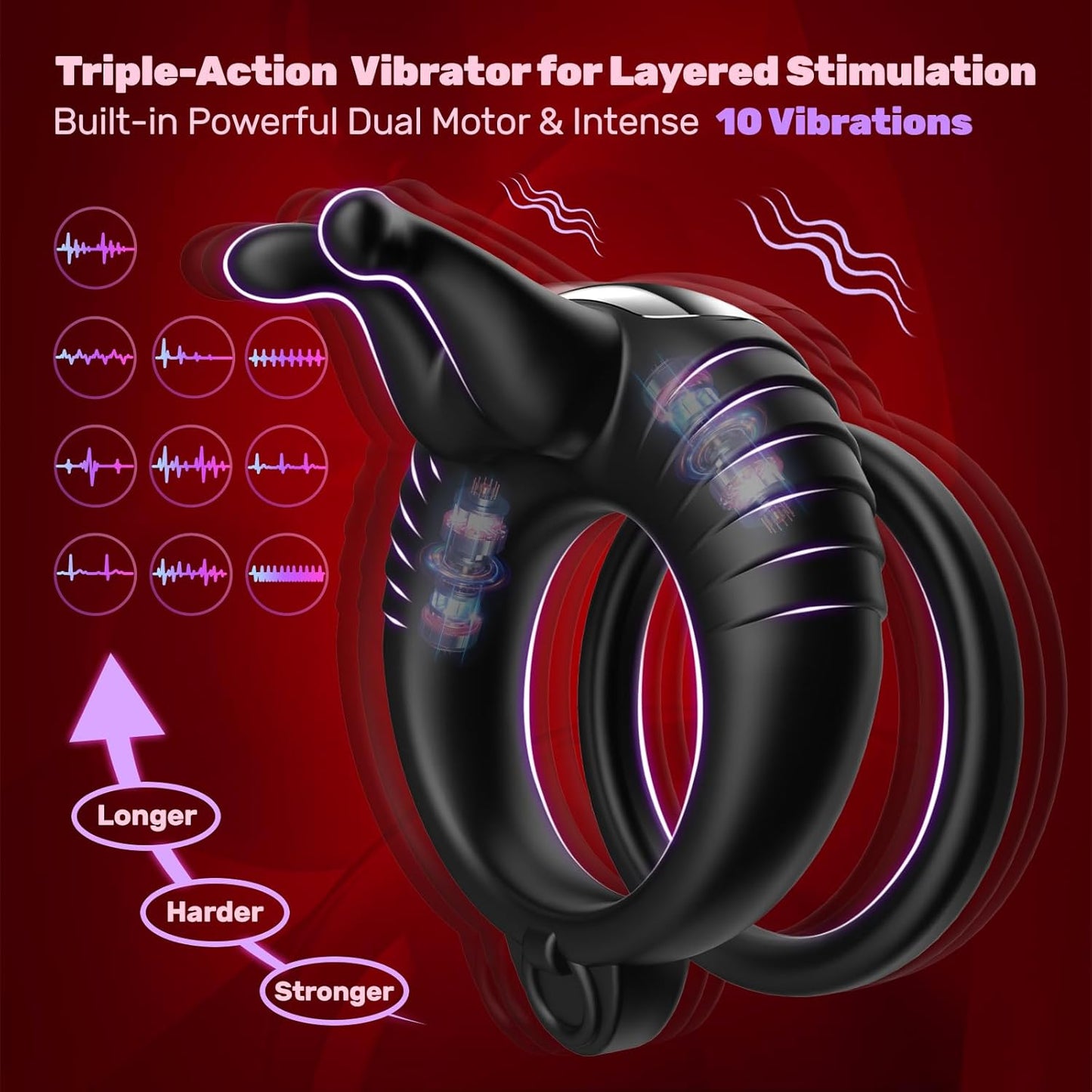 Double Penis Ring Trainer Vibrator Glans Stimulator with 10 Vibrations Modes