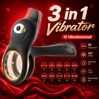 3 IN 1 Dual-Ring Penis Vibrator & Clitoral Stimulator Cock Ring with 10 Modes