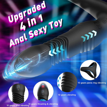 3 IN 1 Prostate Massager Anal Vibrator Butt Plug Stimulator with 10 Thrusting Modes