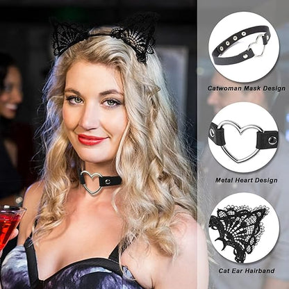 Lace Masquerade Mask Cat Ear Headband with Heart Choker
