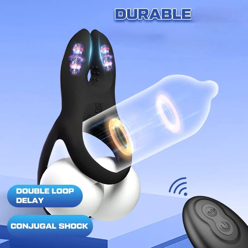 Double Cock Ring Penis Trainer Vibrator Stimulator with 10 Vibration Modes