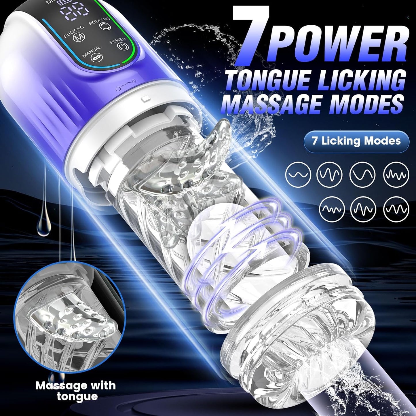 Masturbateur masculin automatique à affichage LED avec 7 modes de rotation et 7 modes de succion et de léchage 