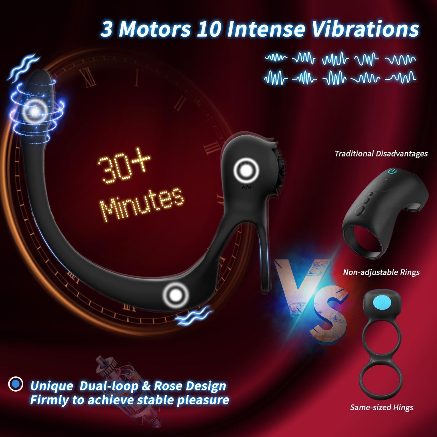 4 IN 1 Rose Cock Ring Penis Vibrator Prostate Massager Anal Plug with 10 Vibration Levels