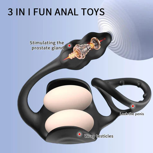 3 in 1 Anal Testicle Vibrator Penis Ring Prostate Stimulator Massager with 9 Vibration Modes