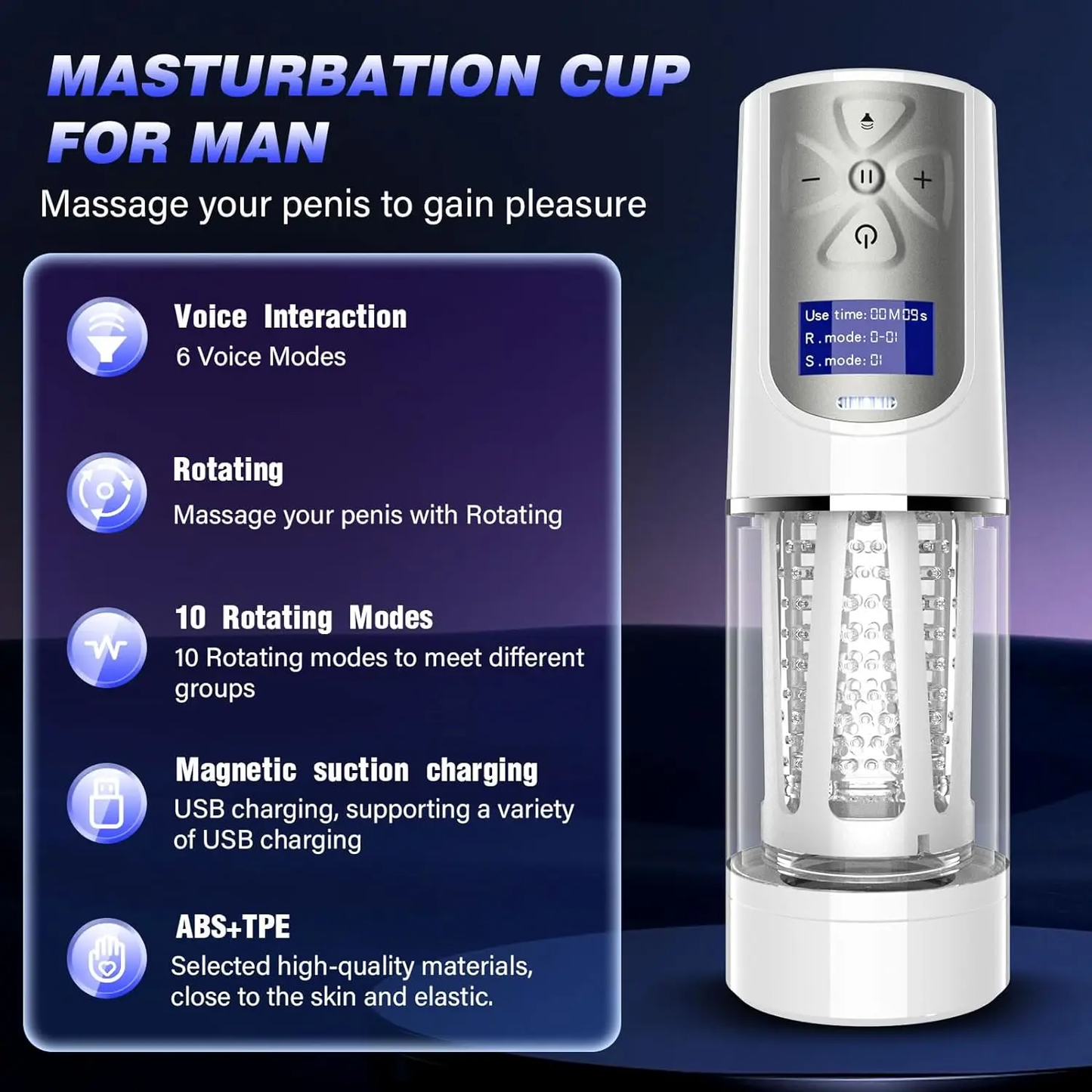 LCD Display Automatic Masturbator Penis Pump with 5 Speed & 10 Rotation & 6 Voice Modes