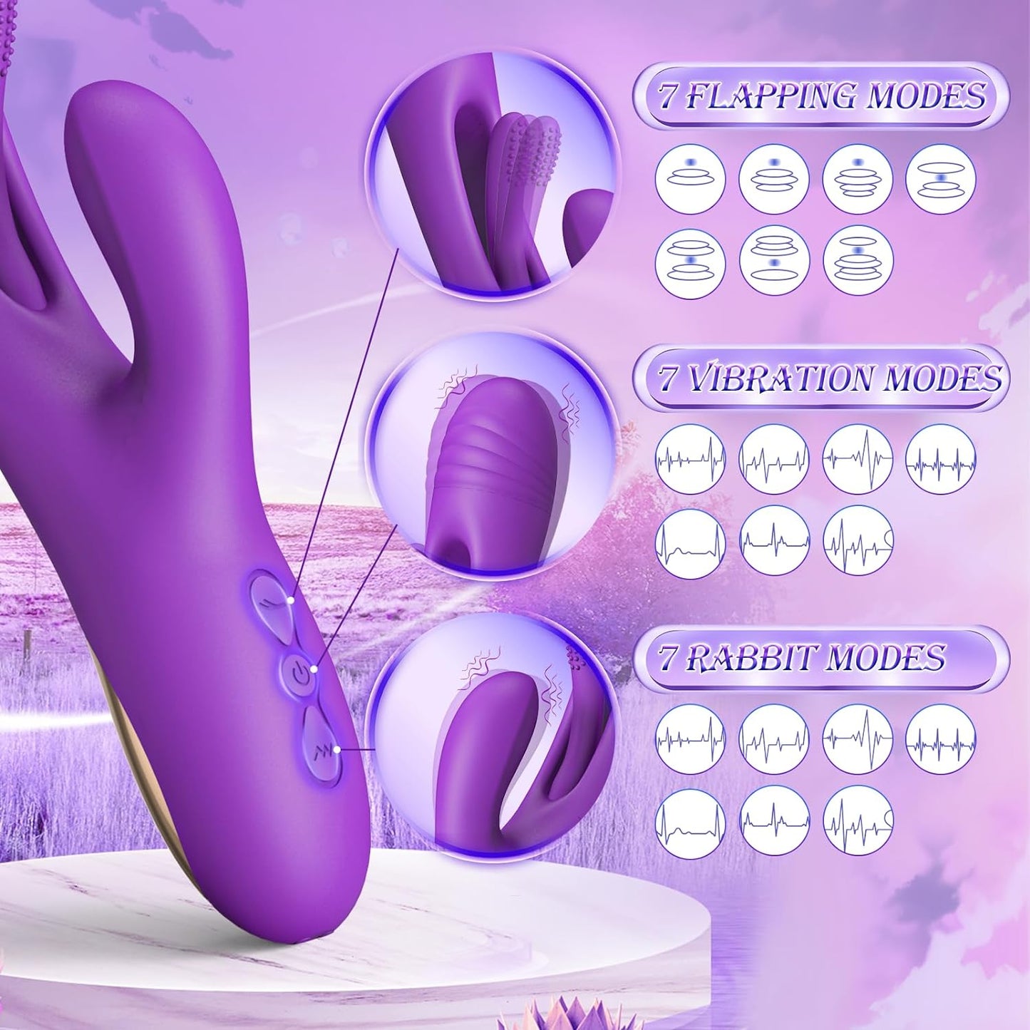 3 in 1 Rabbit G Spot Vibrator Massager with 14 Vibration & 7 Tongue Licking Flapping