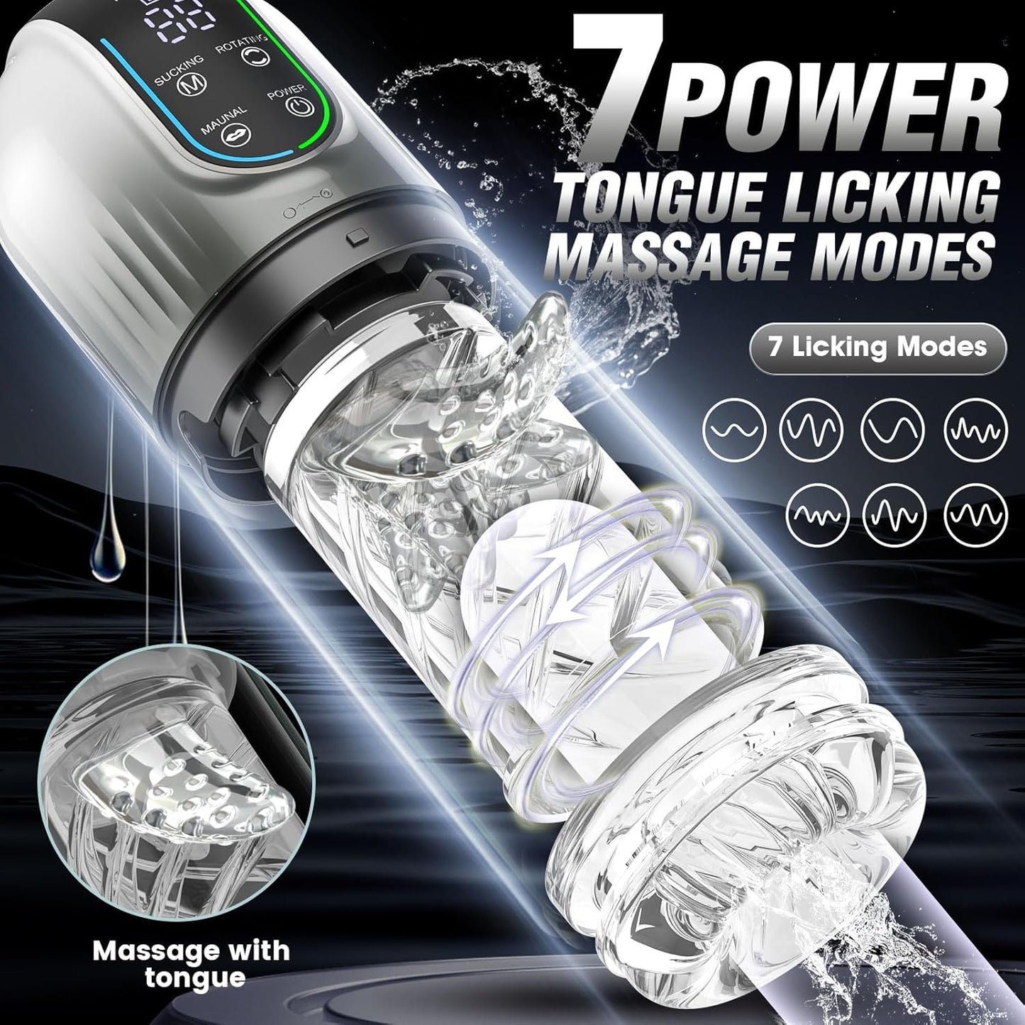 LED Display Automatic Male Masturbator Penis Pump with 7 Sucking & Rotating & Licking Modes