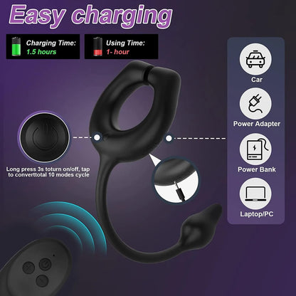 3 Motor Penis Ring Prostate Massager Anal Butt Plug with 10 Intense Vibration Modes