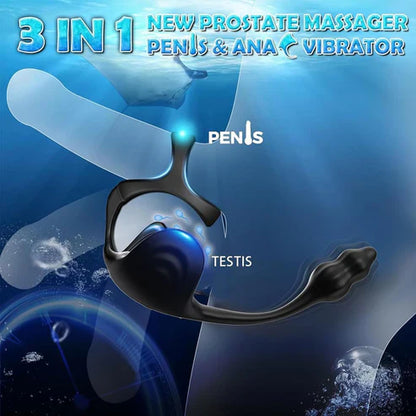 3 in 1 Anal Testicle Vibrator Penis Ring Prostate Stimulator Massager with 9 Vibration Modes