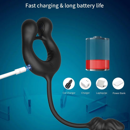 4 IN 1 Anal Vibrator Cock Ring Prostate Massager with 10 Vibration Modes & 3 Motors