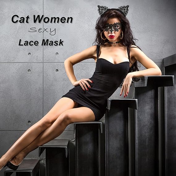 Lace Masquerade Mask Cat Ear Headband with Heart Choker