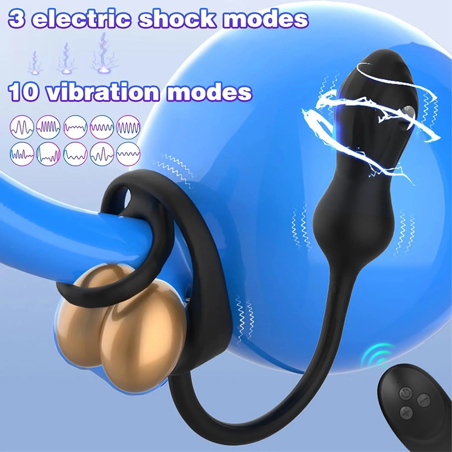 E-stim Anal Vibrator Cock Ring Prostate Massager with 10 Vibration & 3 Shock Modes