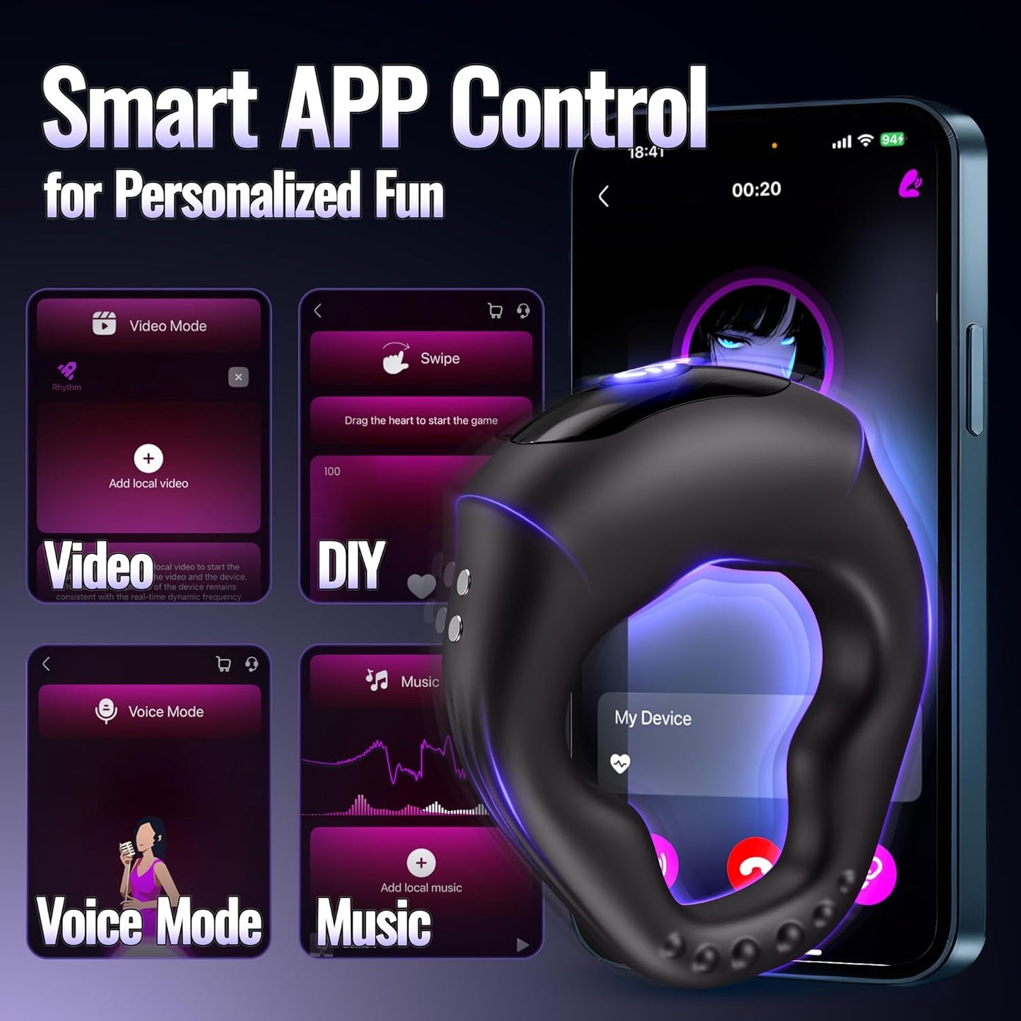 Smart APP Control Wrap-Around Cock Ring Penis Trainer Vibrator with 10 Vibrations Modes