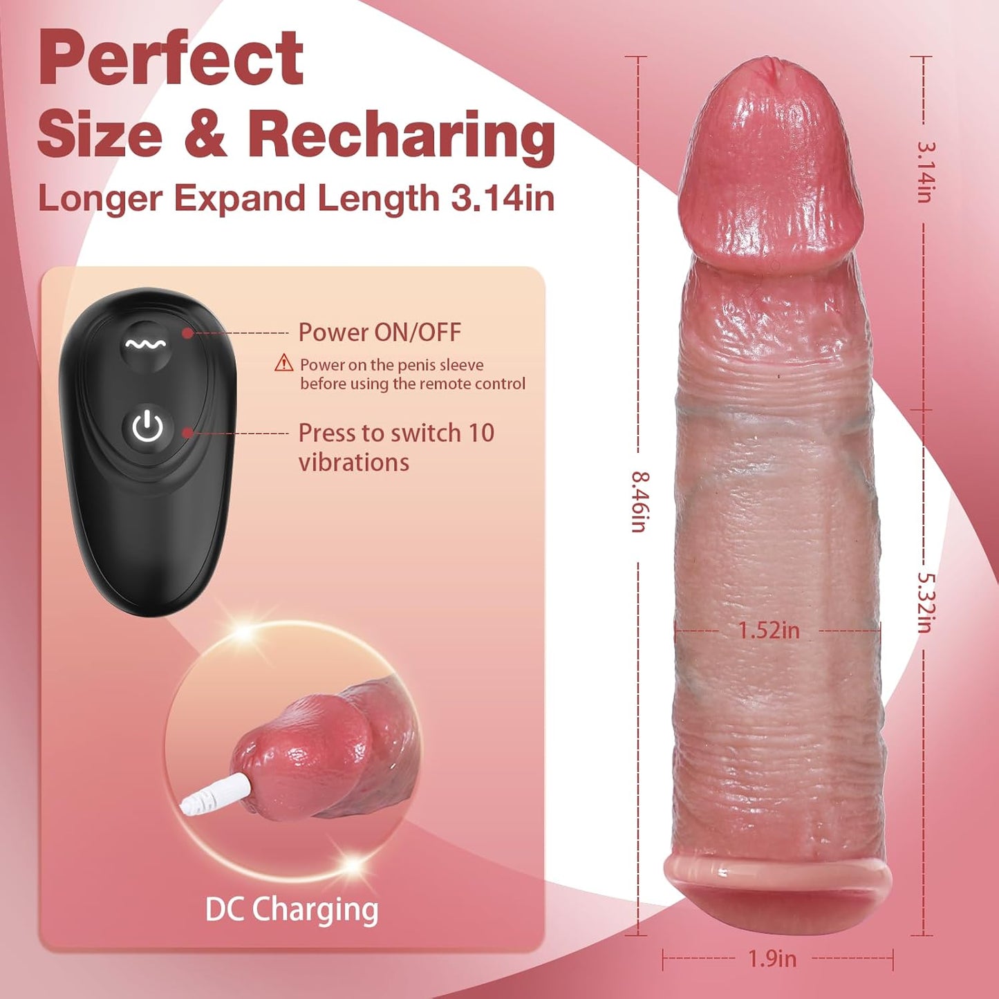 Remote Control Realistic Penis Sleeve Extender with 10 Vibration Modes