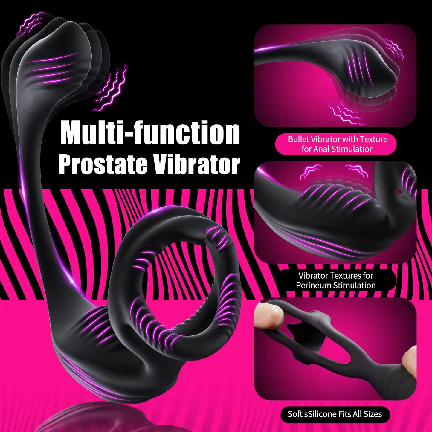 4 IN 1  Anal Vibrator Prostate Massager Cock Ring with 7 Vibrations Modes