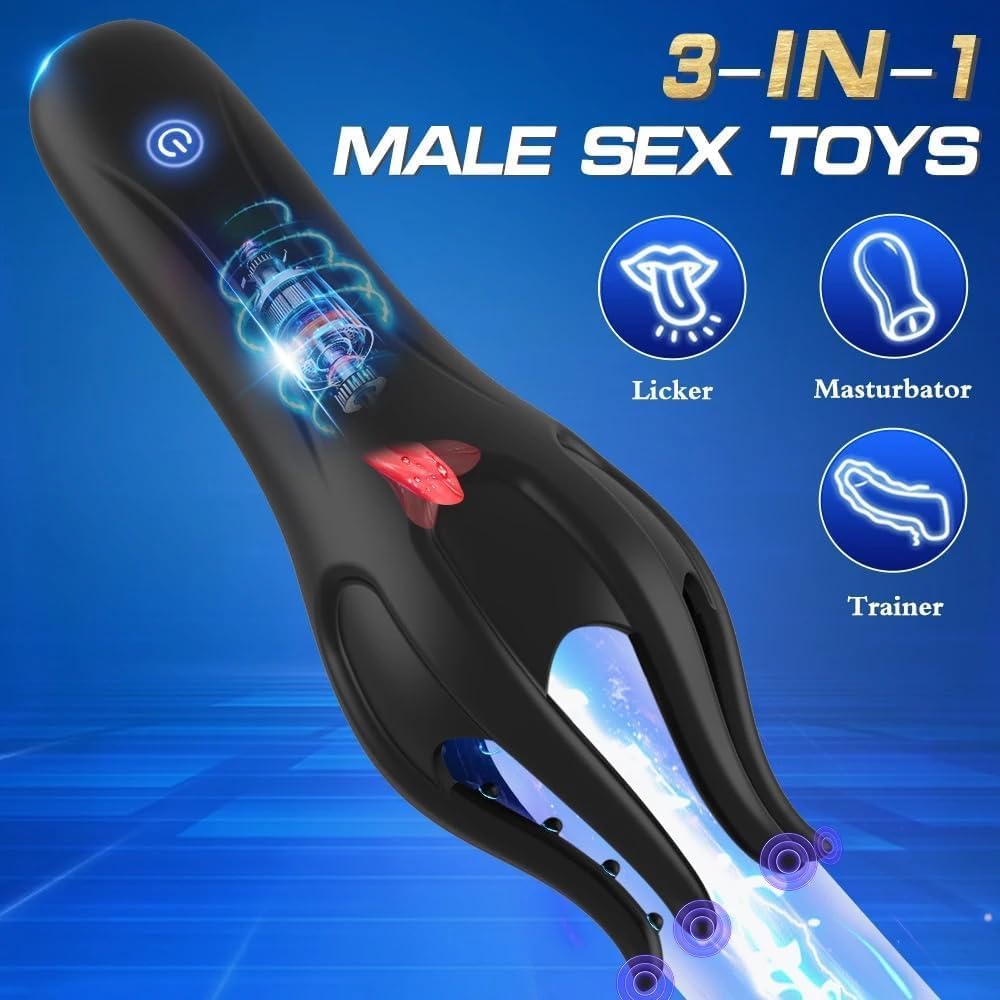 3 in 1 Penis vibrator Glans Tranier Massage with 10 Vibration & 5 Licking Tongue Modes