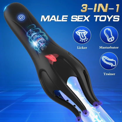 3 in 1 Penis vibrator Glans Tranier Massage with 10 Vibration & 5 Licking Tongue Modes