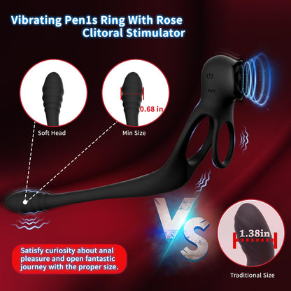 4 IN 1 Rose Cock Ring Penis Vibrator Prostate Massager Anal Plug with 10 Vibration Levels