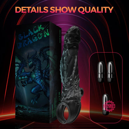 3 in 1 Black Clear Dragon Penis Sleeve Cock Sleeve Enlarger with Three Bullet Vibrators