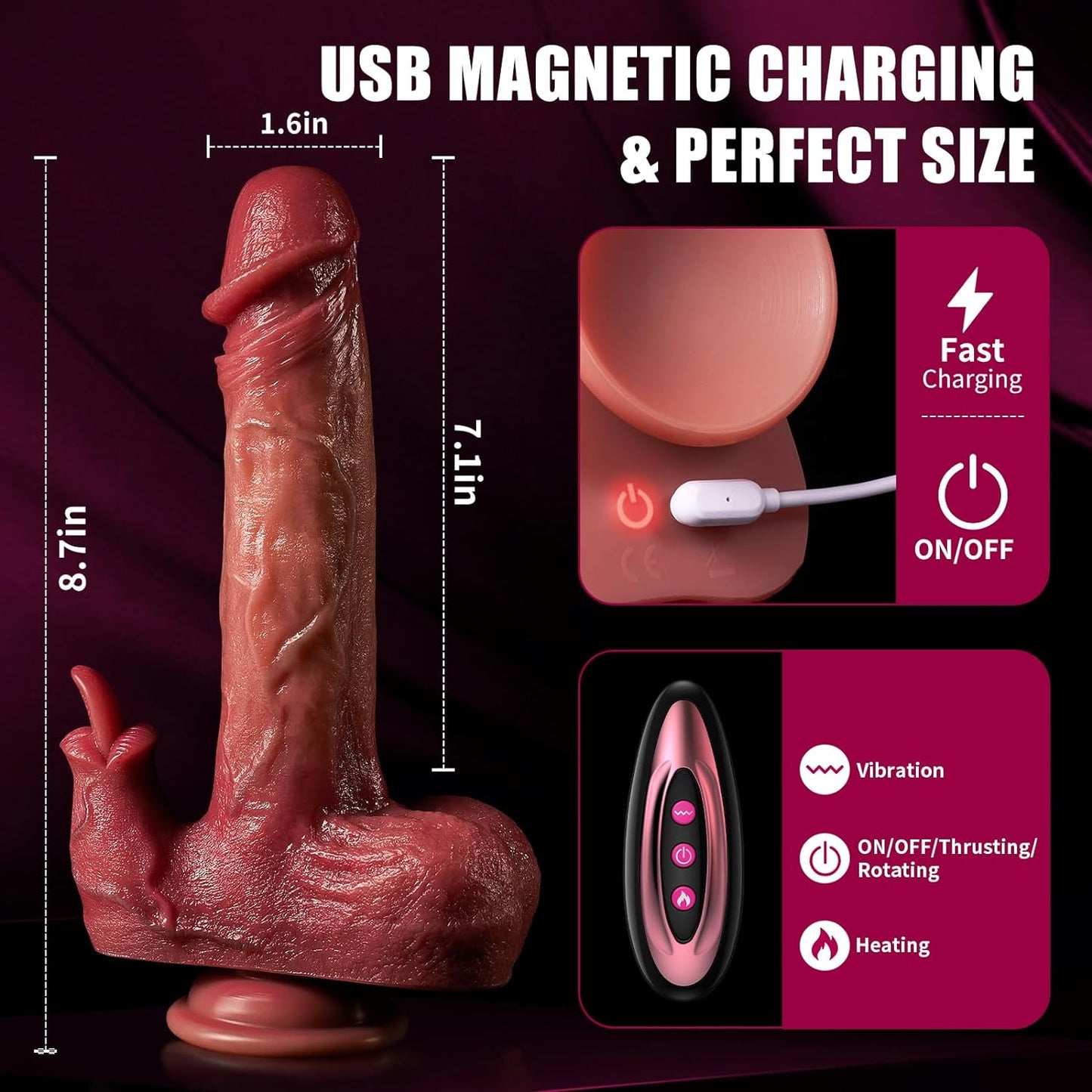 8.7 inch 3 Thrusting and Heating Licking Modes Realistic Thrusting Dildo