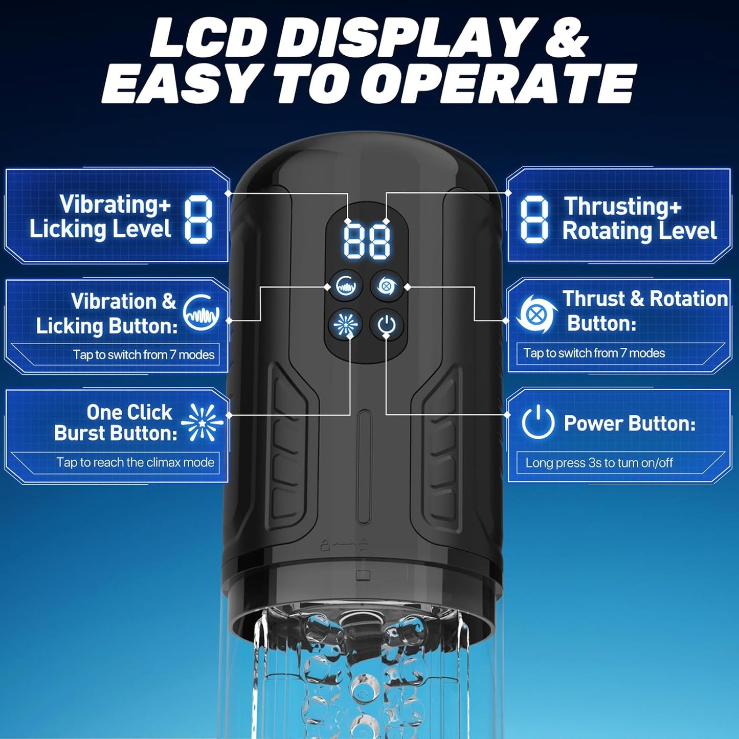 LCD Display Automatic Masturbator Penis Pump with 7 Licking Vibrating Rotating Thrusting