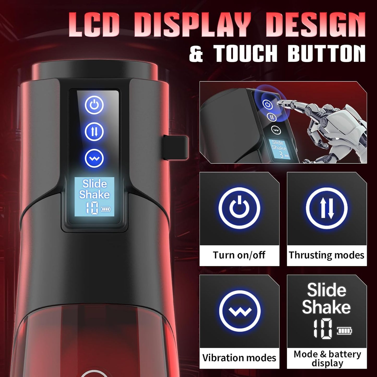 Masturbateur masculin automatique à écran LCD avec 10 vibrations et 8 poussées 