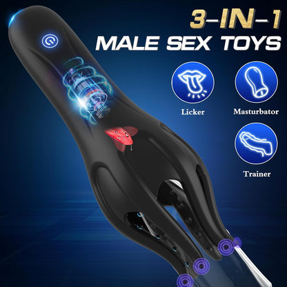 3 IN 1 Penis Vibrator Glans Trainer Masturbator with 10 Vibration & Licking Modes