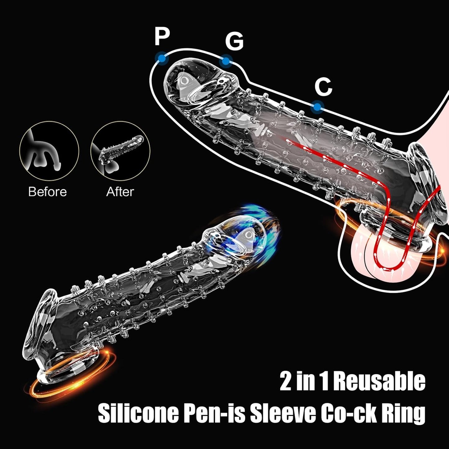 2 IN 1 Reusable Unique Barbed Shaped Clear Cock Sleeve Penis Extender