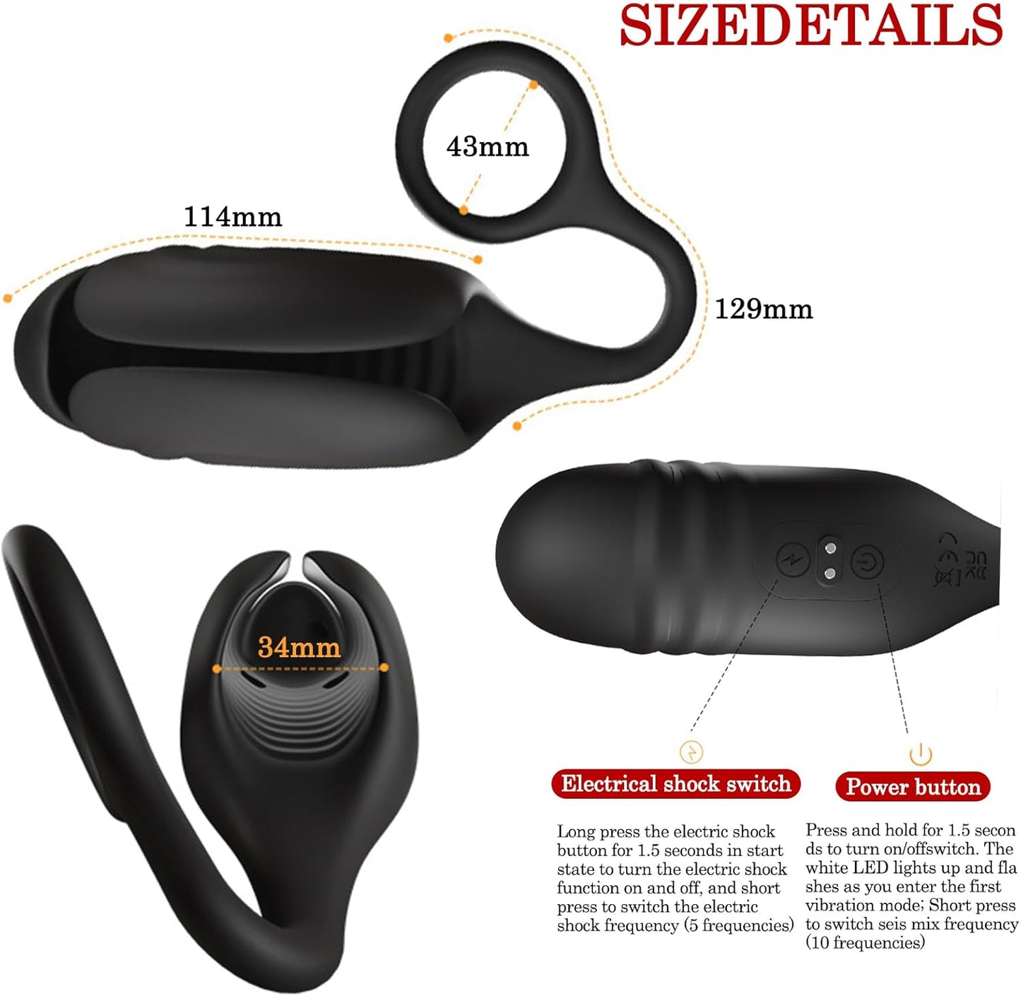 E-stim Penis Trainer Glans Massage Stimulator with 5 Electric Shock & 10 Vibration Modes