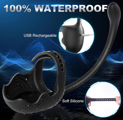 3 IN 1 Penis Ring Ball Stimulator Prostate Massager with 10 Intense Vibration Modes