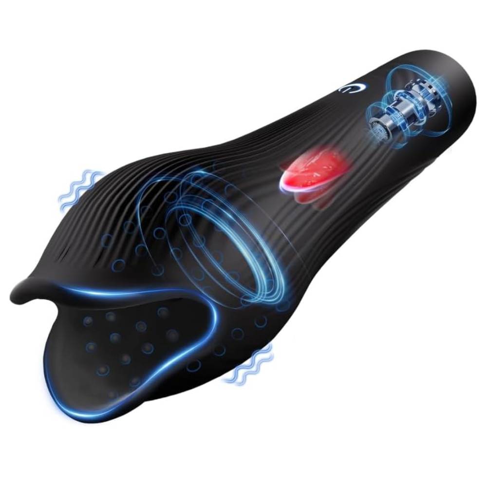 Electric Penis Trainer Vibrator Masturbator with 10 Vibrating & Tongue Teasing Modes