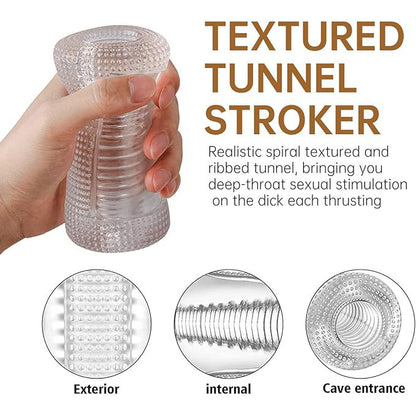 Transparent Portable Pocket Pussy Stroker Male Masturbator with Textured Sleeve