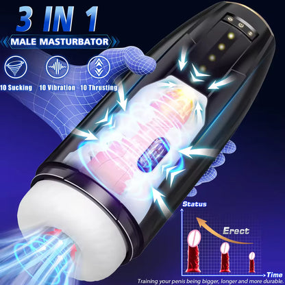 3 IN 1 Automatic Masturbator Stroker Blowjob with 10 Vibrating & Sucking & Thrusting Modes